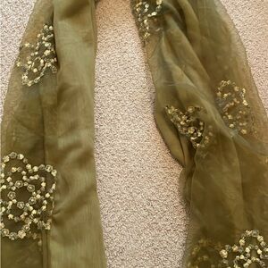 Elegant Olive Green Embroidered Scarf Like New